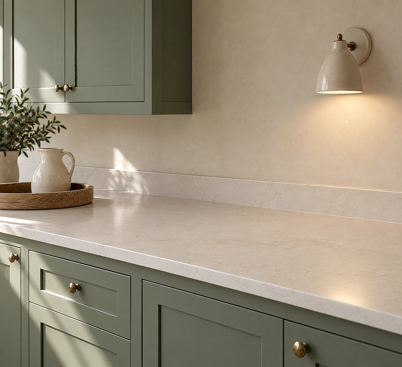 sage cabinets cream quartz