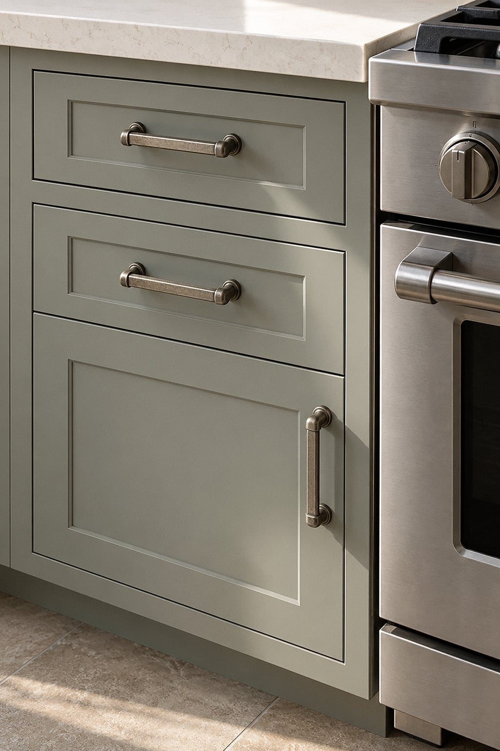 silver hardware sage cabinets